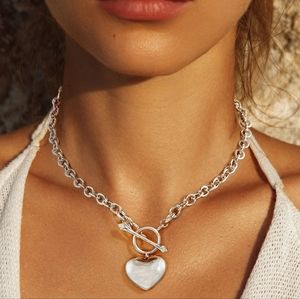 Silver Heart Pendant Necklace Toggle Charm Link Jewelry Statement Chain